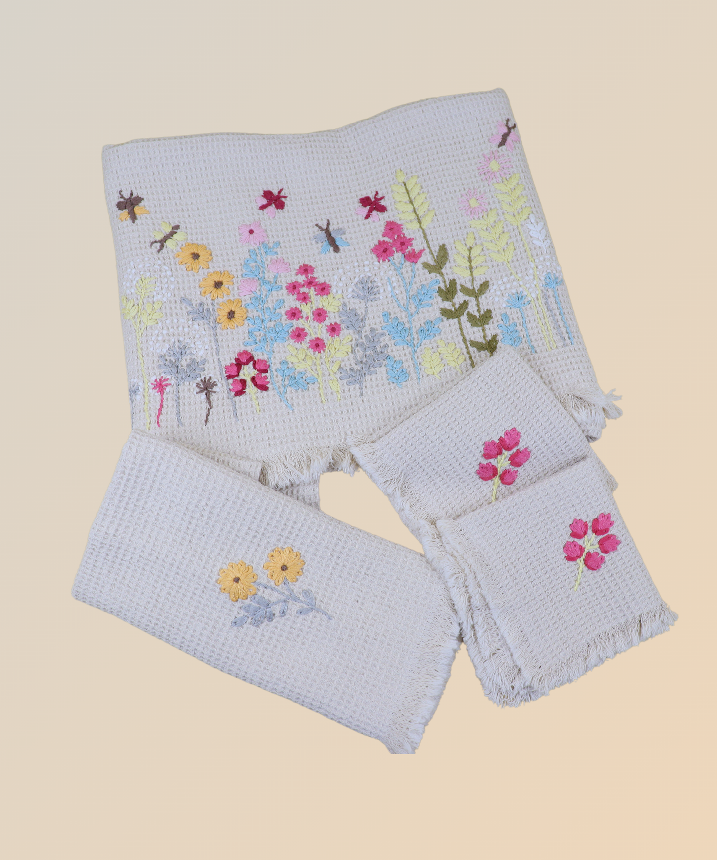 Hand embroidered towels, Cotton embroidered towels, Handcrafted towels, Floral embroidery towels, Embroidered bath towels, Handmade embroidered towels, Hand-stitched towels, Embroidery designs for towels, Luxury hand towels, Elegant embroidered towels